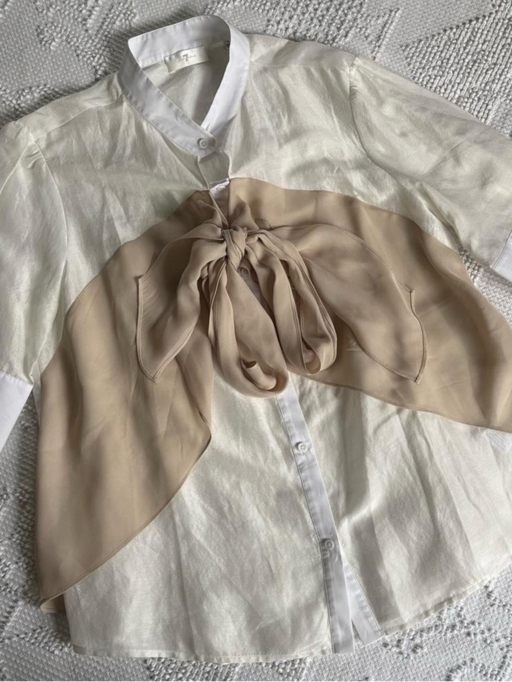 Women’s Cream Button-Front Blouse with Beige Bow Accent